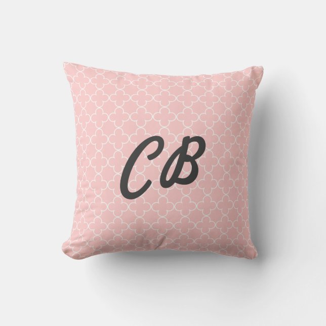 Pastel roze monogram quatrefolie patroonkussen kussen (Voorkant)