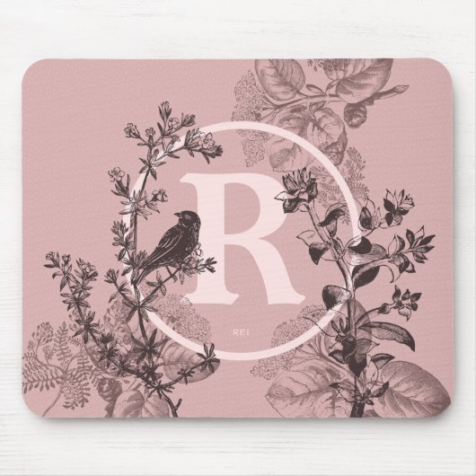 Pastel Roze Monogram Vogelvogel en Floral ontwerp Muismat (Voorkant)