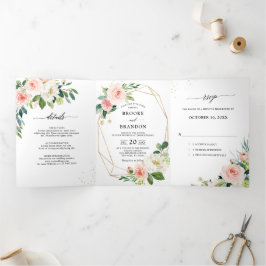 Pastel Roze Mooie Roze Bloemige Botanische Bruilof Drieluik Aankondiging