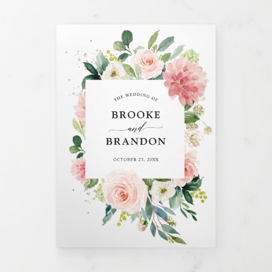Pastel Roze Mooie Roze Bloemige Botanische Bruilof Drieluik Aankondiging (Cover)