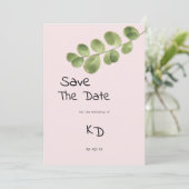 Pastel roze munt eucalyptus blad Save The Date Kaart (Staand voorkant)