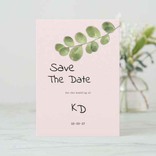 Pastel roze munt eucalyptus blad Save The Date Kaart (Staand voorkant)