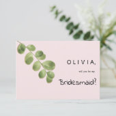 Pastel roze munt goud eucalyptus blad bruidsmeisje kaart (Staand voorkant)