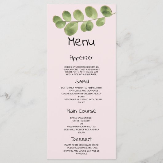 Pastel roze munt goud eucalyptus blad Bruiloft Men Programmakaart (Voorkant)