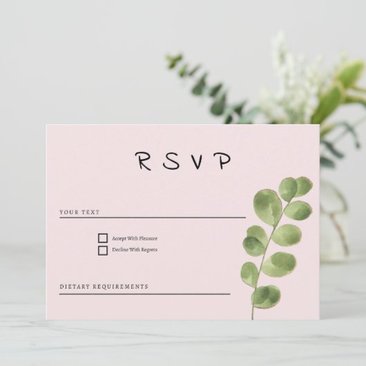 Pastel roze munt goud eucalyptus blad RSVP Kaart (Staand voorkant)