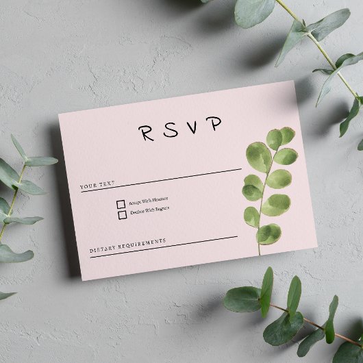 Pastel roze munt goud eucalyptus blad RSVP Kaart