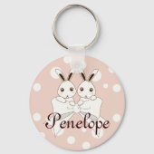 Pastel Roze Off-Wit Lint Cute Tweeling Konijn Sleutelhanger (Voorkant)