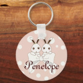 Pastel Roze Off-Wit Lint Cute Tweeling Konijn Sleutelhanger (Voorkant)