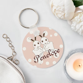 Pastel Roze Off-Wit Lint Cute Tweeling Konijn Sleutelhanger