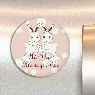 Pastel Roze Off-Witte Lint Cute Tweeling Konijn Ki Magneet