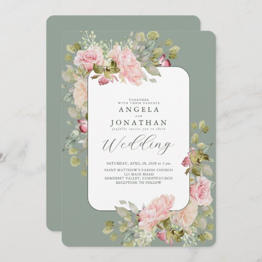 Pastel Roze Olijfgroene Trouwuitnodiging Kaart (Voorkant / Achterkant)