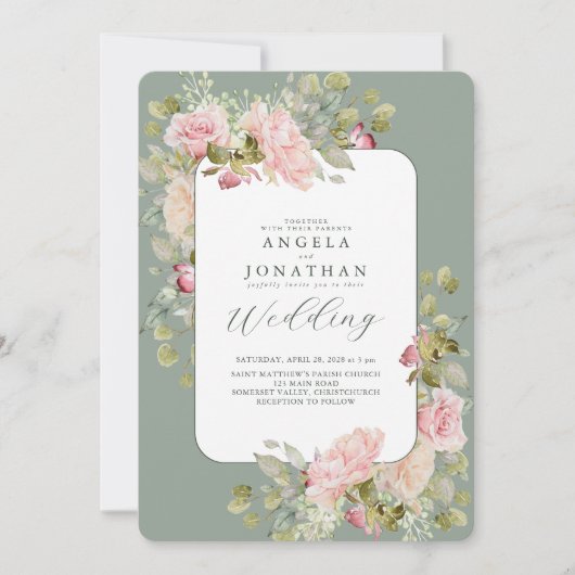 Pastel Roze Olijfgroene Trouwuitnodiging Kaart (Voorkant)