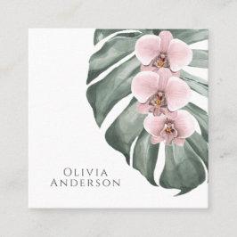 Pastel Roze Orchideeën op Monstera Tropisch Botani Vierkante Visitekaartje