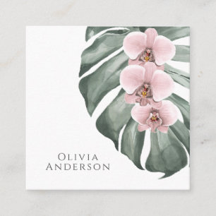 Pastel Roze Orchideeën op Monstera Tropisch Botani Vierkante Visitekaartje