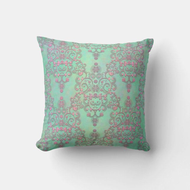 Pastel Roze over Mint Green Floral Damask Kussen (Voorkant)