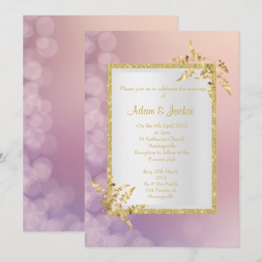 Pastel roze paars goudblad ELEGANT WEDING Kaart (Voorkant / Achterkant)