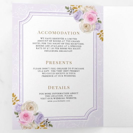 Pastel Roze Paarse Bloemen Alles in Een Kreeft Huw Drieluik Uitnodiging (Binnenzijde eerst)