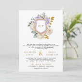 Pastel Roze Paarse Bloemen QR Code Crest Wedding Kaart (Staand voorkant)