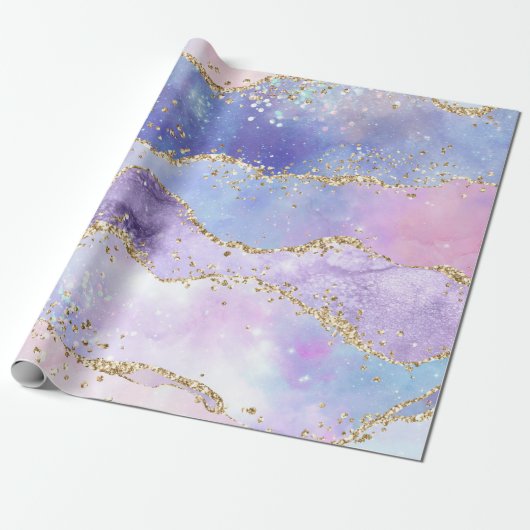 Pastel Roze Paarse Holografische Kerst Cadeaupapier (Uitgerold)