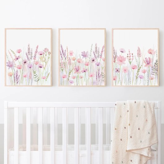 Pastel Roze Paarse Meadow Wildflowers Nursery Muurkunst Sets