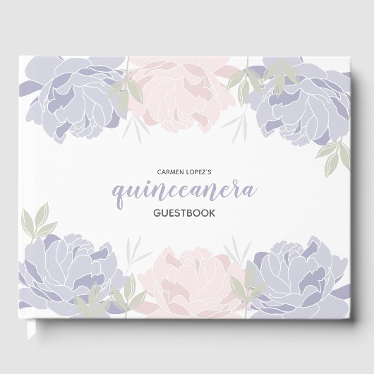 Pastel Roze & Paarse Pioenrozen Quinceanera Gasten Gastenboek (Voorkant)