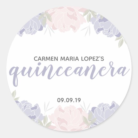 Pastel Roze & Paarse Pioenrozen Quinceañera Verjaa Ronde Sticker (Voorkant)