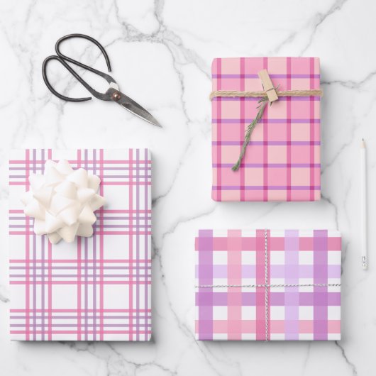 Pastel Roze Paarse Plaid Geruite Gingham Inpakpapier Vel (Voorkant)