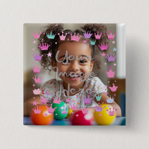 Pastel Roze Paarse Princess Crown Foto Grens Vierkante Button 5,1 Cm