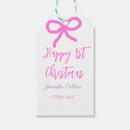 Pastel roze paarse vrolijke 1e Kerstboog naam da Cadeaulabel (Voorkant)