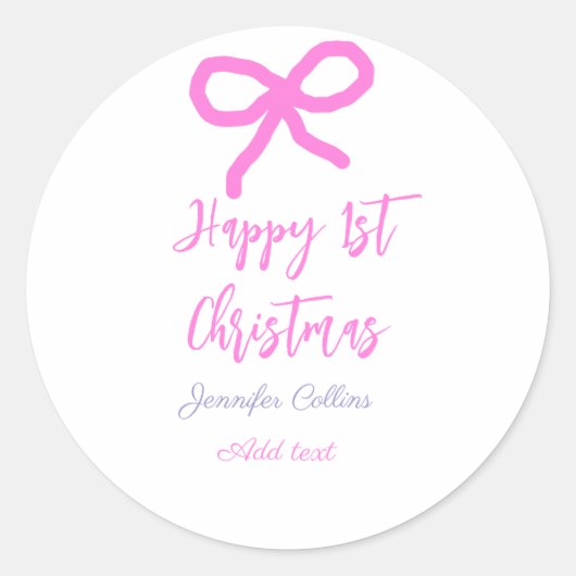Pastel roze paarse vrolijke 1e Kerstboog naam da Ronde Sticker (Voorkant)