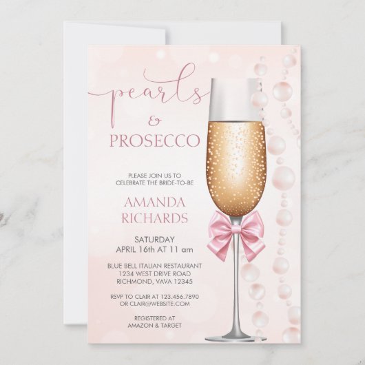 Pastel Roze Parels en Prosecco Vrijgezellenfeest Kaart (Voorkant)