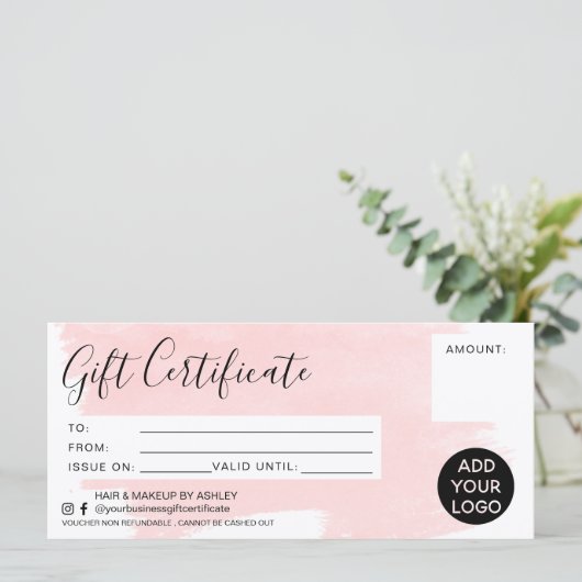 Pastel roze penseelcadeaubon logo (Staand voorkant)