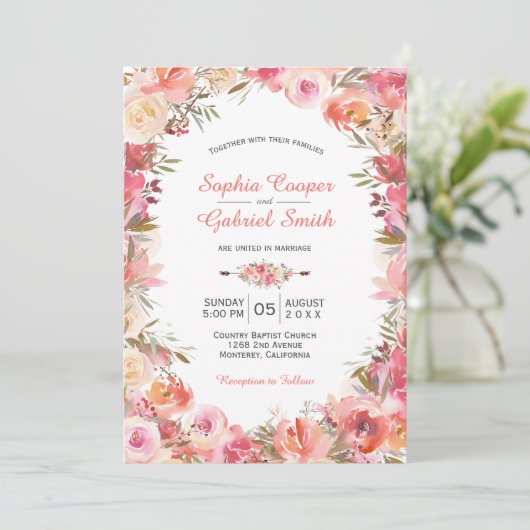 Pastel Roze Perzik Roos Bloemen Lijst bruiloft Kaart (Staand voorkant)