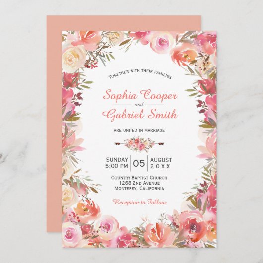 Pastel Roze Perzik Roos Bloemen Lijst bruiloft Kaart (Voorkant / Achterkant)