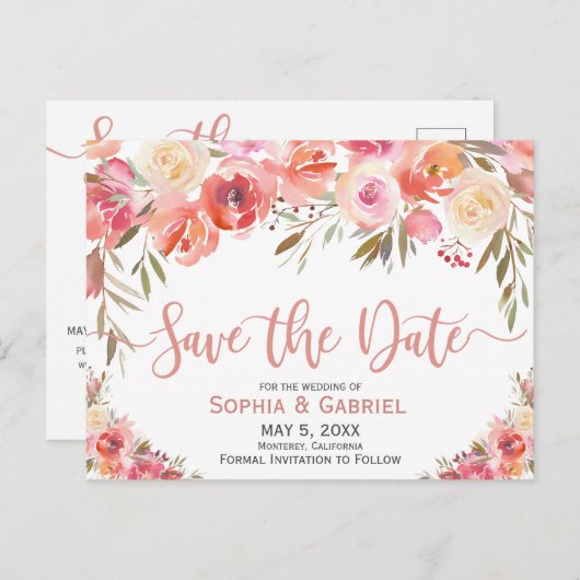 Pastel Roze Perzik Roos Floral Bewaar de datum Aankondigingskaart (Voorkant / Achterkant)