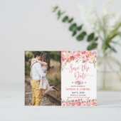 Pastel Roze Perzik Roos Floral Foto Bewaar de datu Aankondigingskaart (Staand voorkant)