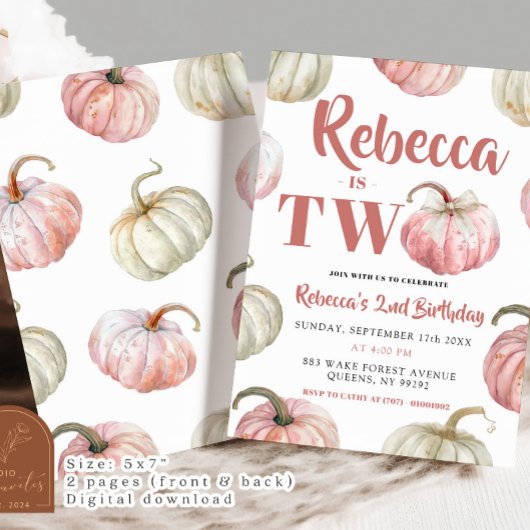 Pastel Roze Pompoen Meisje 2e verjaardag Kaart