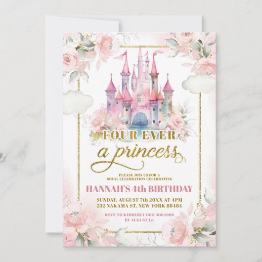Pastel roze prinses koninklijk kasteel 4e verjaard kaart (Voorkant)