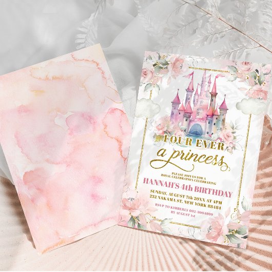 Pastel roze prinses koninklijk kasteel 4e verjaard kaart