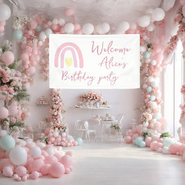 Pastel roze regenboog Baby Girl 1e verjaardag Spandoek