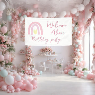 Pastel roze regenboog Baby Girl 1e verjaardag Spandoek