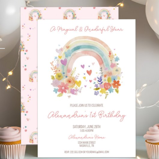 Pastel Roze Regenboog Bloemen 1e Verjaardag Kaart