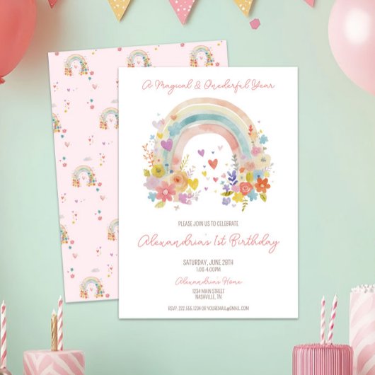 Pastel Roze Regenboog Bloemen 1e Verjaardag Kaart