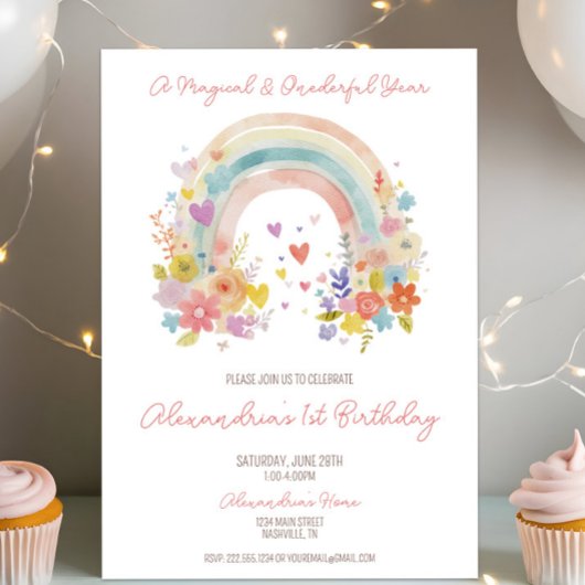 Pastel Roze Regenboog Bloemen 1e Verjaardag Kaart