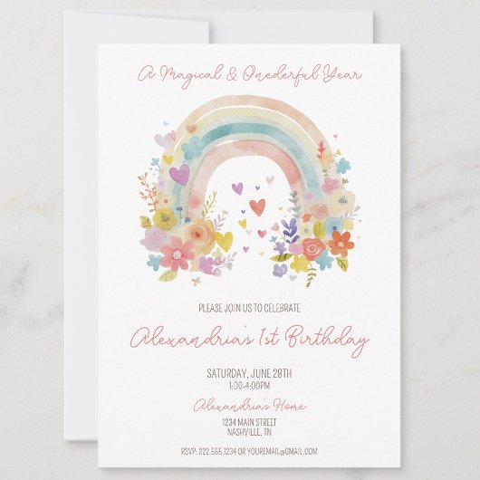 Pastel Roze Regenboog Bloemen 1e Verjaardag Kaart