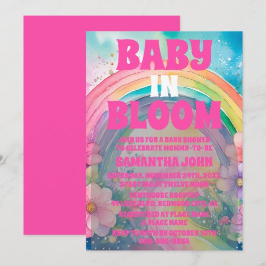 Pastel Roze Regenboog en Bloemen Baby shower Kaart (Voorkant / Achterkant)
