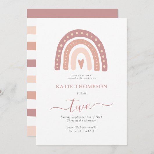 Pastel roze regenboogboho virtuele tweede verjaard kaart (Voorkant / Achterkant)