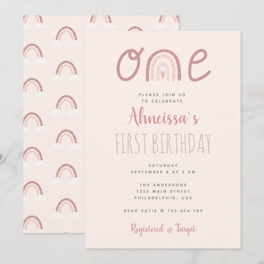 Pastel roze regenboogwolken eerste verjaardag kaart (Voorkant / Achterkant)