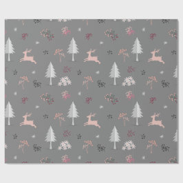 Pastel Roze Rendier & Grijs Bos Patroon Cadeaupapier