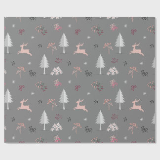 Pastel Roze Rendier & Grijs Bos Patroon Cadeaupapier